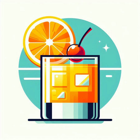 Cocktail with orange slice and cherry. Vector illustration in flat styleのイラスト素材