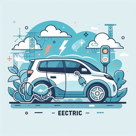 Electric car. Ecological transport. Vector illustration in flat style.のイラスト素材