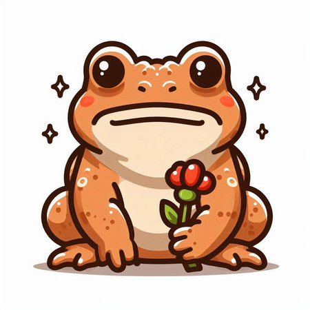 Cute cartoon frog holding a flower. Vector illustration isolated on white background.のイラスト素材