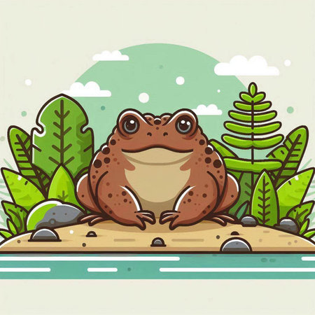 Illustration of a Cute Frog Sitting on the Sand in the Forestのイラスト素材