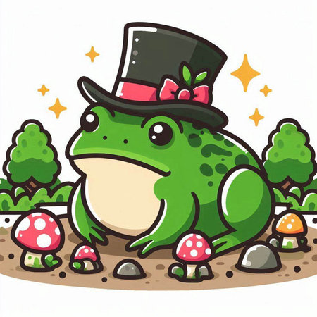 Illustration of a Green Frog Wearing a Hat and Top Hatのイラスト素材