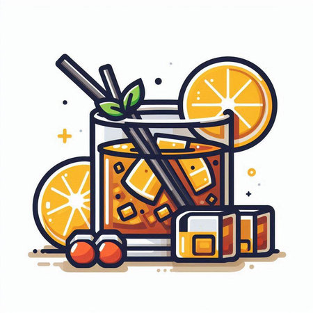 Cocktail with ice, orange, lemon and mint. Vector illustration.のイラスト素材