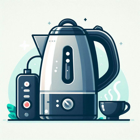 Electric kettle and two cups of coffee. Vector illustration in flat style.のイラスト素材