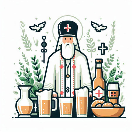 Vector illustration of the Orthodox priest with a glass of beer in his hands.のイラスト素材
