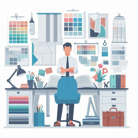 Businessman in office. Vector illustration in flat style. Workplace.のイラスト素材