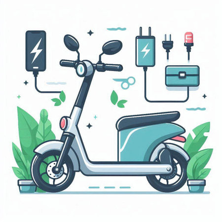 Electric scooter with battery charger. Vector illustration in flat style.のイラスト素材