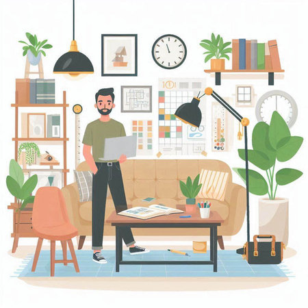 Man working at home. Freelance, remote work concept. Vector illustrationのイラスト素材