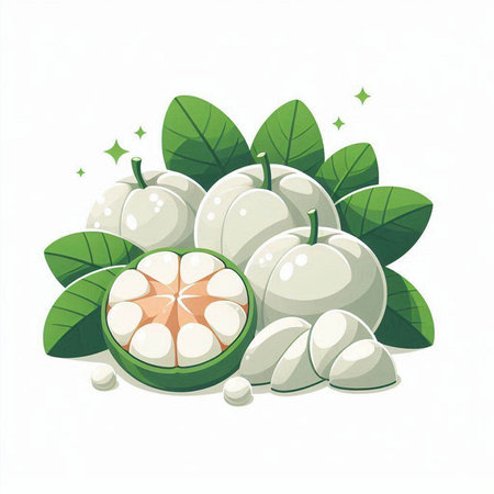 Illustration of mangosteen fruits with leaves on white background.のイラスト素材