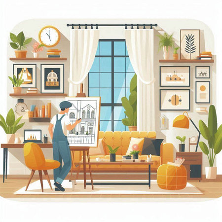 Interior of cozy living room with furniture and accessories. Flat vector illustration.のイラスト素材