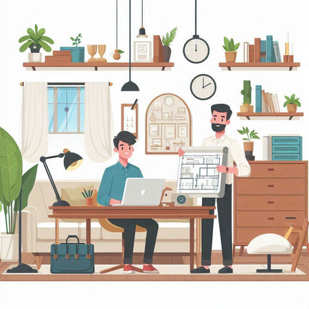 Architect working on blueprint at office desk. Vector illustration in flat styleのイラスト素材
