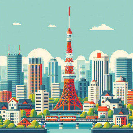Tokyo tower in the city. Vector illustration in retro style.のイラスト素材