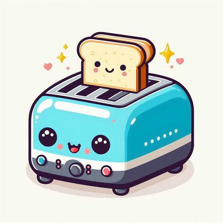 Cute toaster with bread in cartoon style. Vector illustration.のイラスト素材