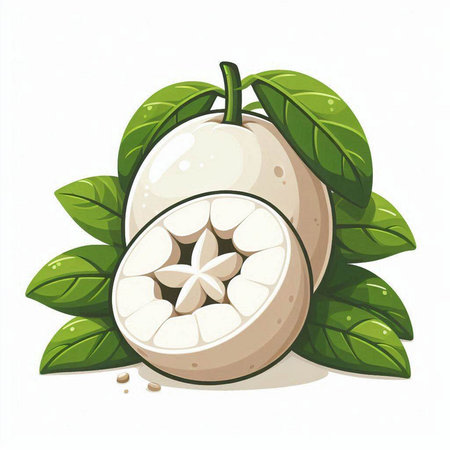 Illustration of guava fruit with green leaves on a white backgroundのイラスト素材