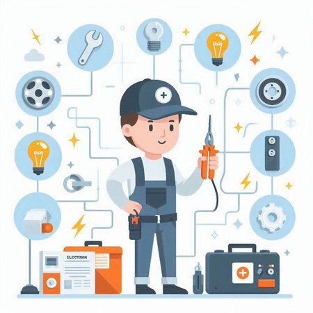 Electrician with tools. Electrician in uniform. Vector illustration.のイラスト素材