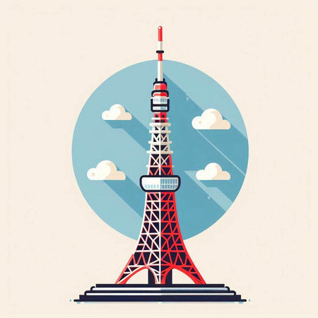 Tokyo Tower, Tokyo, Japan. Flat design vector illustration.のイラスト素材