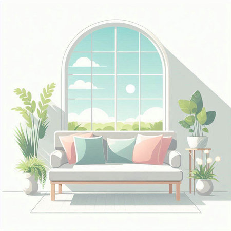 Living room interior with a window and a sofa. Vector illustration.のイラスト素材