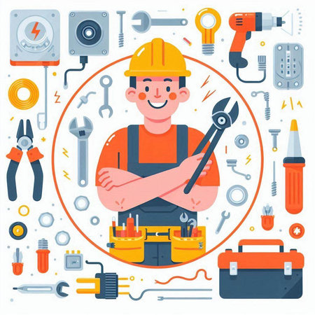 Repairman in helmet and uniform with tools. Vector illustration.のイラスト素材