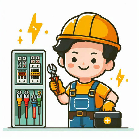 Cartoon character of electrician with toolbox. Vector illustration.のイラスト素材