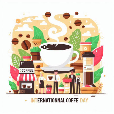 Coffee shop flat vector illustration. Cartoon people character with cup of coffee, coffee beans, bag, cup of hot drink, cafe, shop, restaurant, coffeehouse, cafe, cafeteria.のイラスト素材