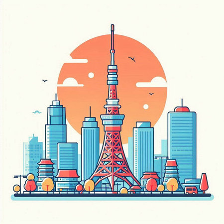 Tokyo skyline with Tokyo tower, Japan. Vector illustration in flat styleのイラスト素材