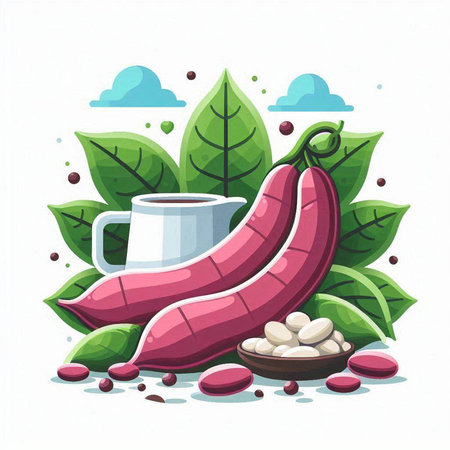 Cup of coffee with beans and beans. Vector illustration in cartoon style.のイラスト素材