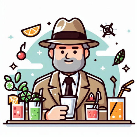 Vector illustration of a man in a hat sitting at the bar counter and drinking a cocktailのイラスト素材