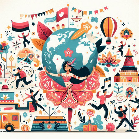 Vector illustration of a girl with a globe in her hands surrounded by different elementsのイラスト素材