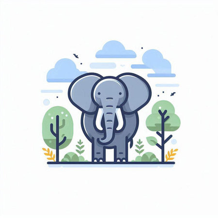 Cute elephant in the forest. Vector illustration in flat style.のイラスト素材