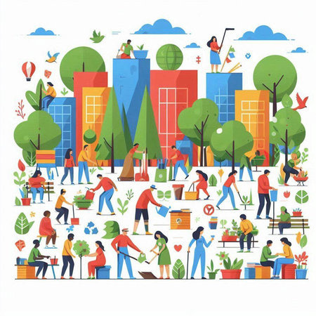 People gardening in the city. Flat style vector illustration on white background.のイラスト素材
