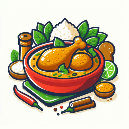 Illustration of a bowl of chicken curry with spices and herbs.のイラスト素材
