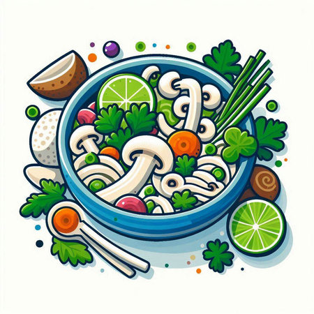 Cartoon vector illustration of noodle soup in bowl with ingredients.のイラスト素材