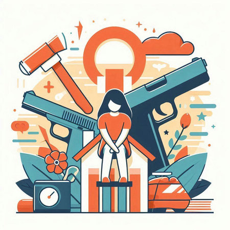 Cartoon illustration of crime scene with woman, handcuffs and gun.のイラスト素材