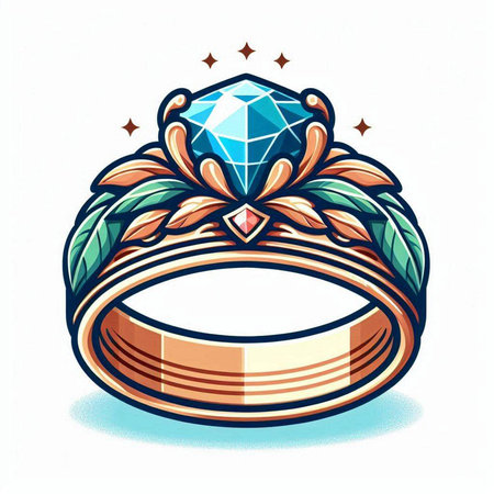 Wedding ring with green leaves and diamond. Vector illustration.のイラスト素材