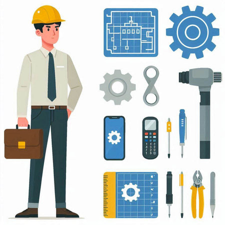 Engineer and tools. Engineer and construction tools. Vector illustration.のイラスト素材