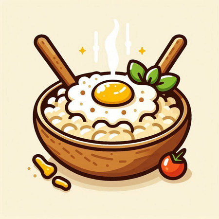 Oatmeal porridge with egg in a wooden bowl. Vector illustration.のイラスト素材