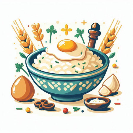 Rice porridge with egg in a bowl. Vector illustration.のイラスト素材