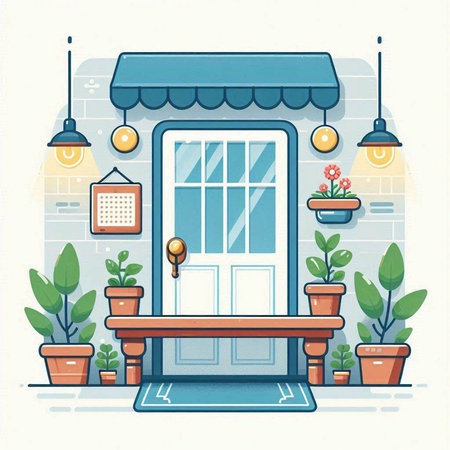 Flat design vector illustration of a front door with flower pots.のイラスト素材