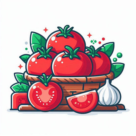 Tomatoes in basket with onion and garlic. Vector cartoon illustration.のイラスト素材