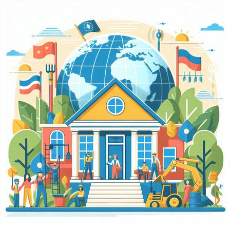 Vector illustration of people working on the construction of a school building.のイラスト素材