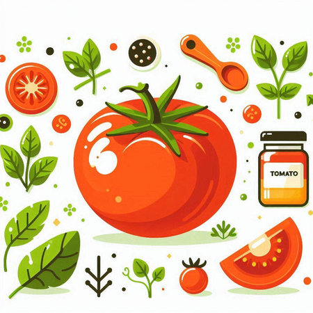 Tomato and spices vector illustration. Vegetarian food background. Fresh organic vegetables.のイラスト素材