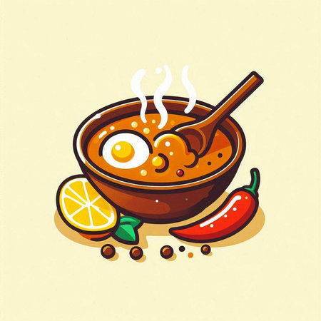 Bowl of hot spicy soup with lemon and pepper, vector illustrationのイラスト素材