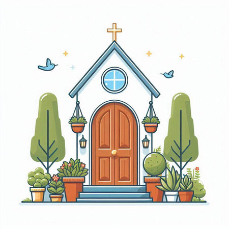 Vector illustration of a catholic church with flowers and birds in pots.のイラスト素材