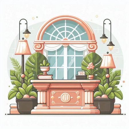 Vector illustration of a window in a flat style with plants and lampsのイラスト素材