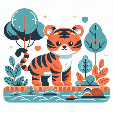Cute cartoon tiger in the jungle. Vector illustration in flat style.のイラスト素材
