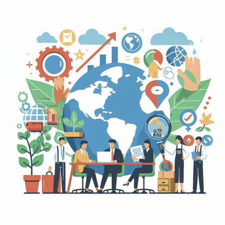 Flat design modern vector illustration concept of global business, teamwork, partnership, cooperation, cooperation, partnership.のイラスト素材