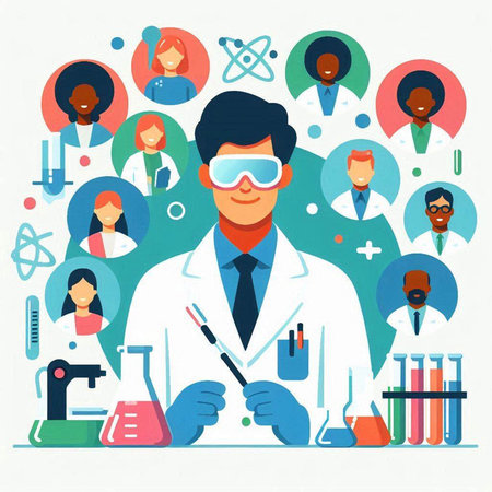 Scientist in laboratory. Flat design modern vector illustration concept for web banners, infographics, hero images.のイラスト素材