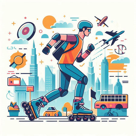 Roller skates in the city. Vector illustration in flat styleのイラスト素材