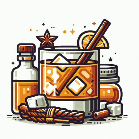Cocktail with rum, ice cubes, cinnamon sticks and anise. Vector illustration.のイラスト素材