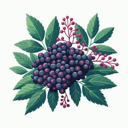 Bunch of elderberry with leaves and berries. Vector illustration.のイラスト素材