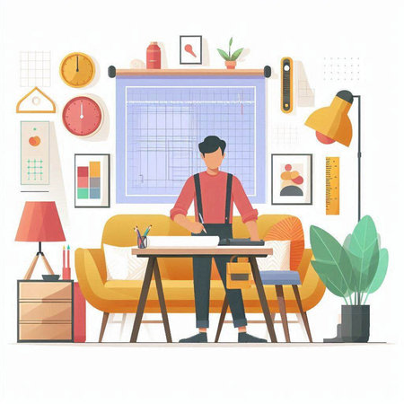 Young man working at home. Freelance, remote work concept. Vector illustration in flat styleのイラスト素材